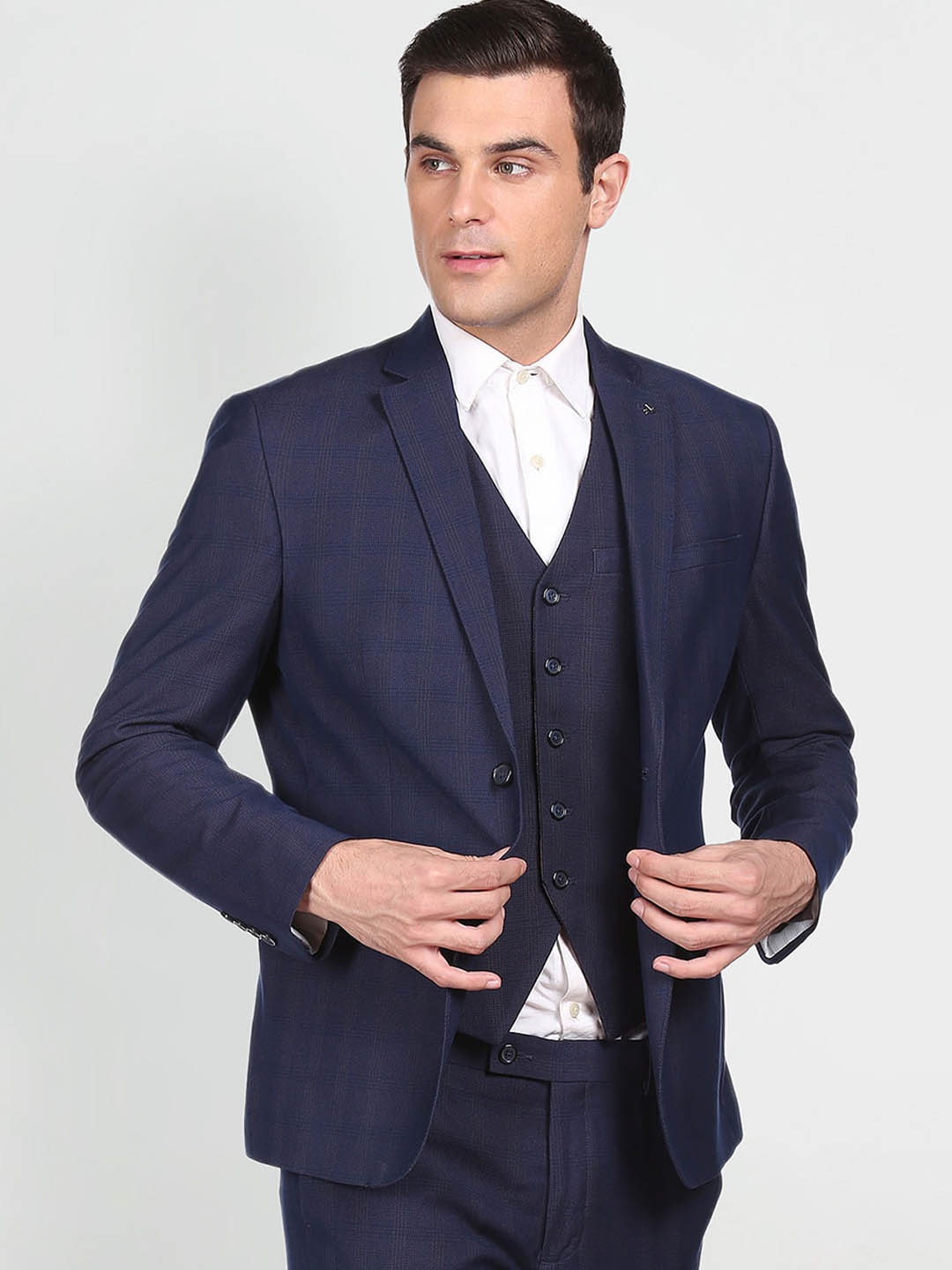 Arrow Checked Single-Breasted 3-Piece Formal Suit, Blue