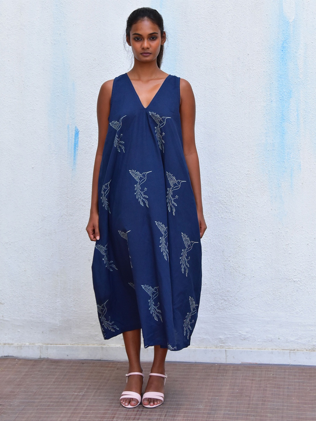 Chidiyaa Conversational Printed Cotton A-Line Midi Dress, Blue