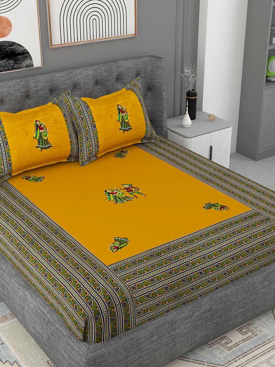 Lali Prints Green & Mustard Printed Cotton 180 TC King Bedsheet with 2 Pillow Covers
Lali Prints Green & Mustard Printed Cotton 180 TC King Bedsheet with 2 Pillow Covers