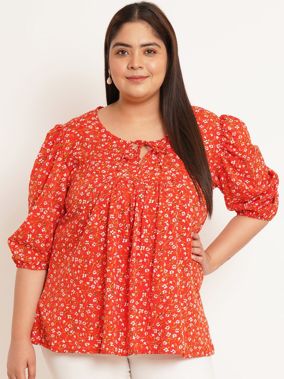 U&F Beyond Plus Size Floral Printed Tie-Up Neck Puff Sleeve Gathered Or Pleated Top, Orange
U&F Beyond Plus Size Floral Printed Tie-Up Neck Puff Sleeve Gathered Or Pleated Top, Orange