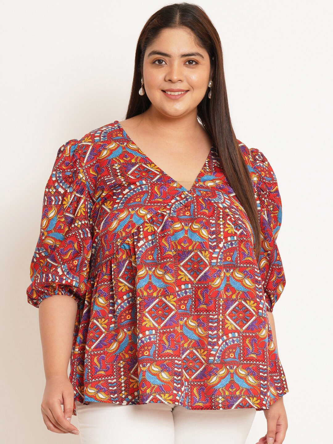 U&F Beyond Plus Size Ethnic Motifs Printed Puffed Sleeves Gathered or Pleated Empire Top, Red
U&F Beyond Plus Size Ethnic Motifs Printed Puffed Sleeves Gathered or Pleated Empire Top, Red