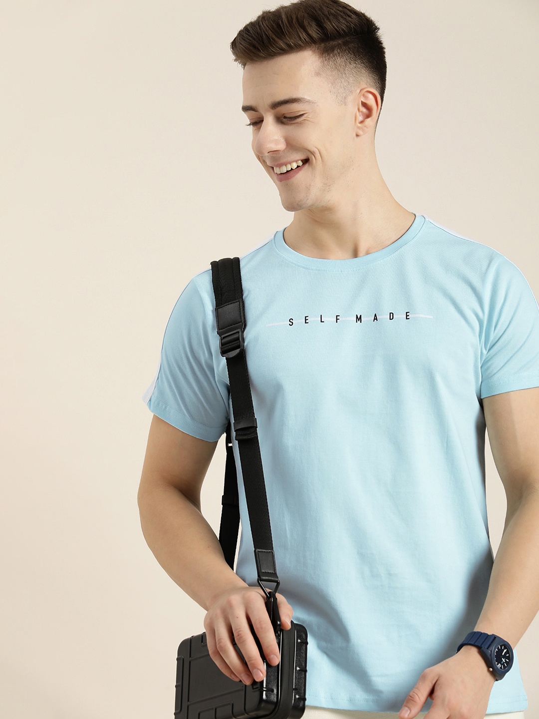 HERE&NOW Typography Printed Pure Cotton T-shirt, Blue