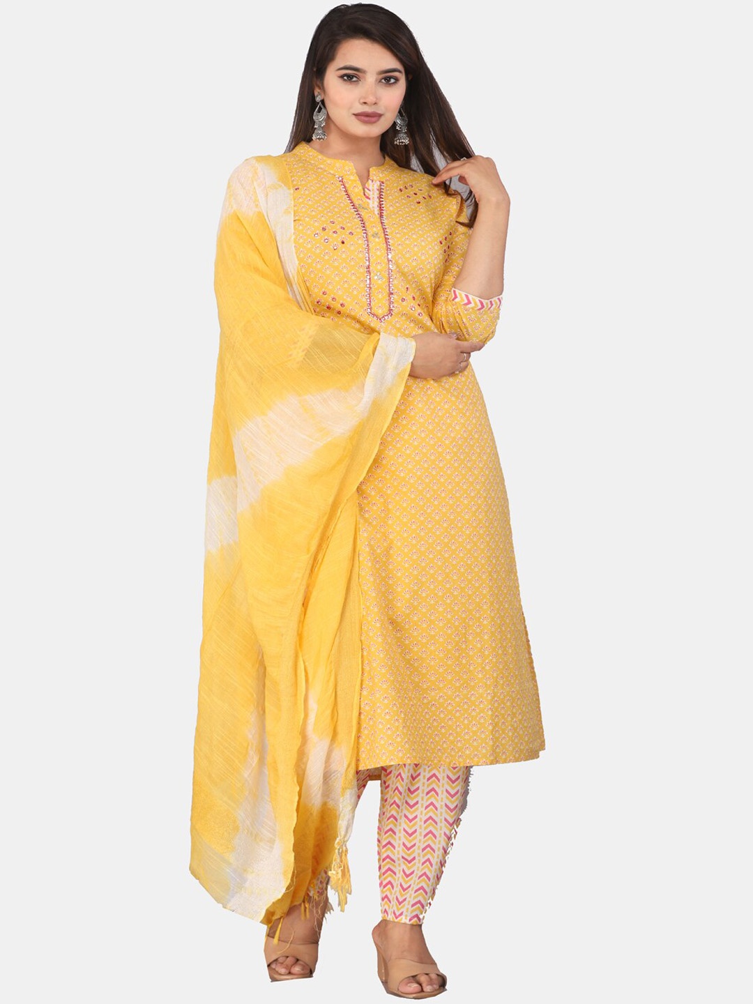 KALINI Floral Printed Regular Mirror Work Pure Cotton Kurta With Trousers & Dupatta, Yellow
KALINI Floral Printed Regular Mirror Work Pure Cotton Kurta With Trousers & Dupatta, Yellow