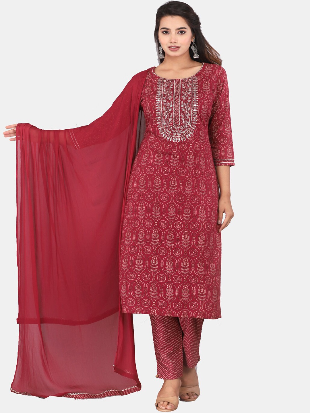 KALINI Ethnic Motifs Printed Thread Work Straight Kurta & Trousers With Dupatta, Maroon
KALINI Ethnic Motifs Printed Thread Work Straight Kurta & Trousers With Dupatta, Maroon