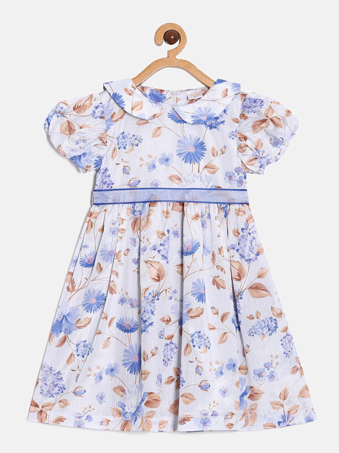 Aomi Girls Floral Printed Peter Pan Collar Puff Sleeves Pleated A-Line Dress, White