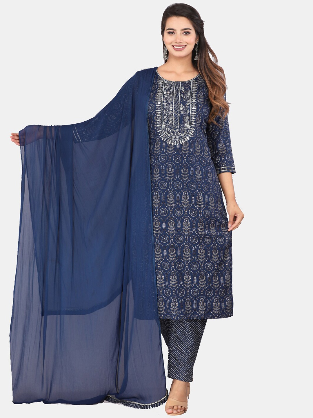 HIGHLIGHT FASHION EXPORT Ethnic Motifs Printed Thread Work Kurta & Trousers With Dupatta, Blue
HIGHLIGHT FASHION EXPORT Ethnic Motifs Printed Thread Work Kurta & Trousers With Dupatta, Blue
