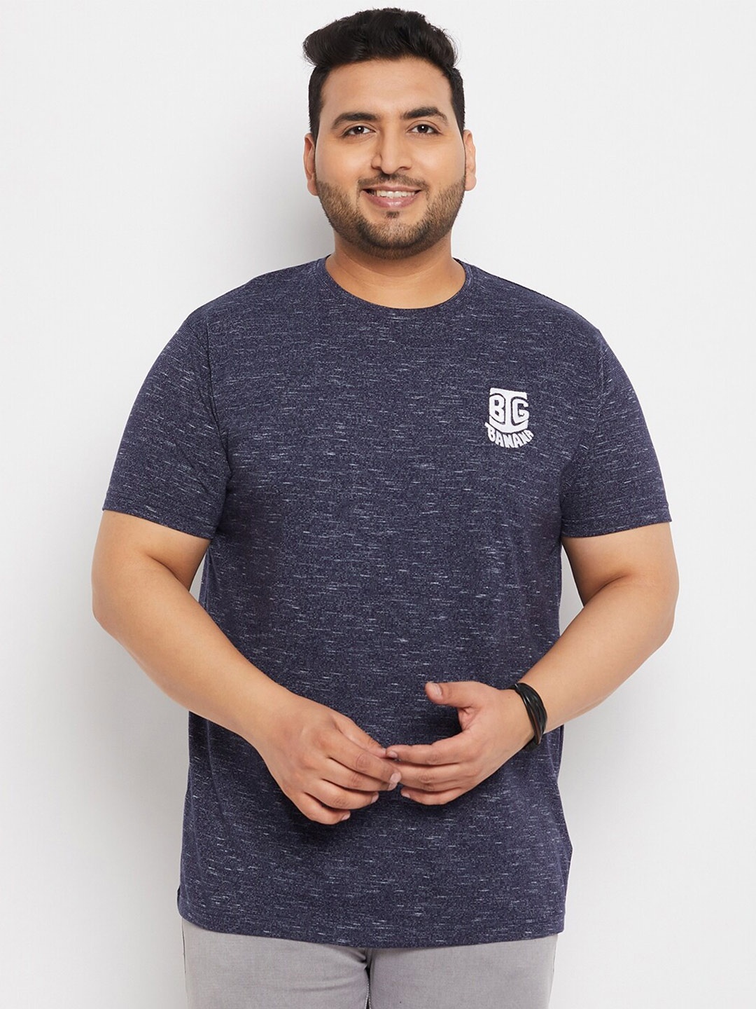 bigbanana Men Plus Size Round Neck Bio Finish Pure Cotton T-shirt, Navy blue