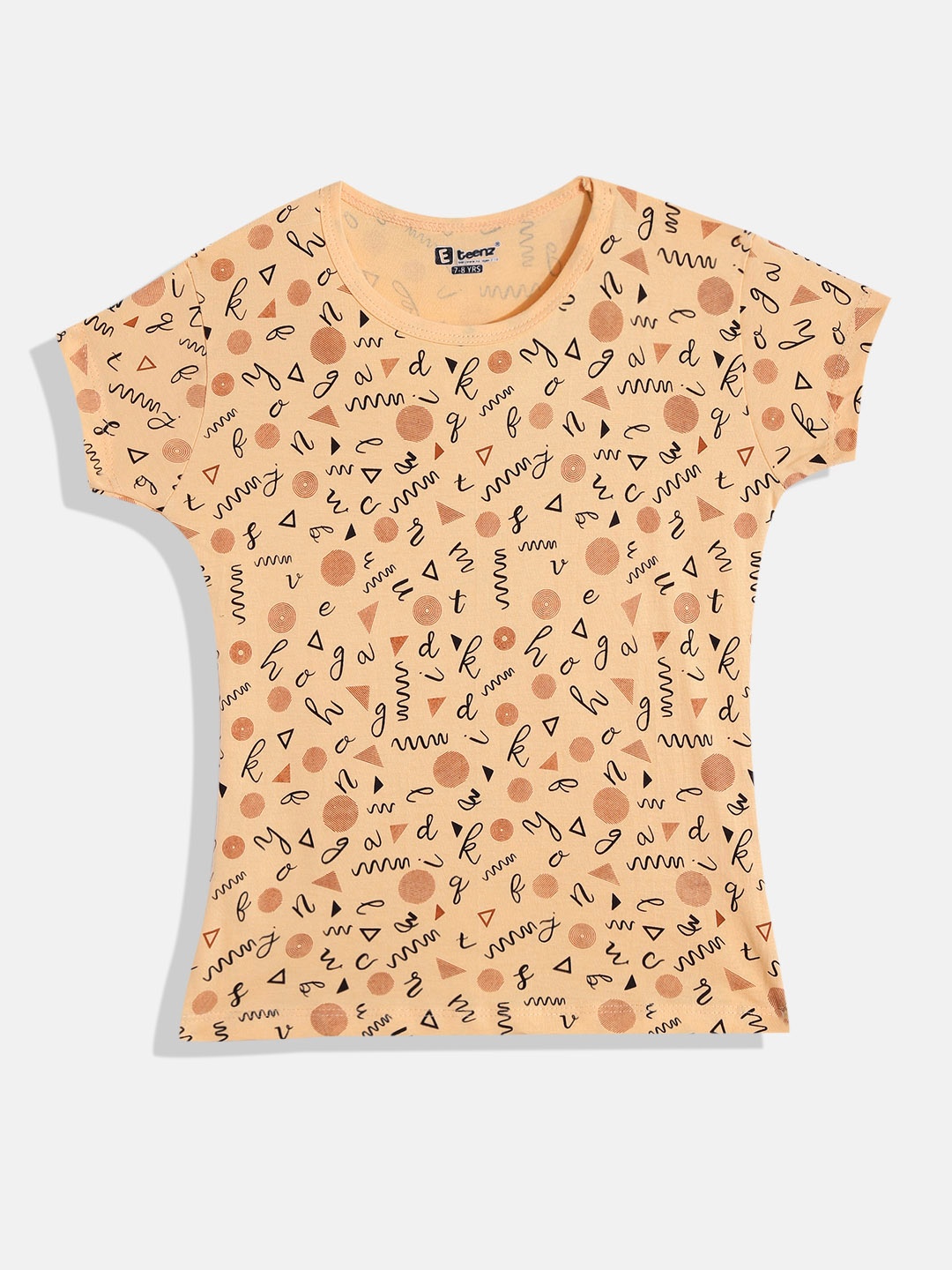Eteenz Girls Typography & Geometric Printed Premium Cotton T-shirt, Orange