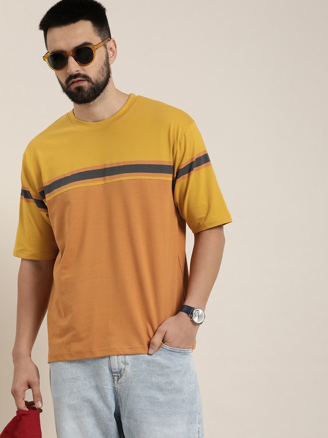 DILLINGER Men Striped Colourblocked Drop-Shoulder Sleeves Oversized Pure Cotton T-shirt, Mustard
DILLINGER Men Striped Colourblocked Drop-Shoulder Sleeves Oversized Pure Cotton T-shirt, Mustard