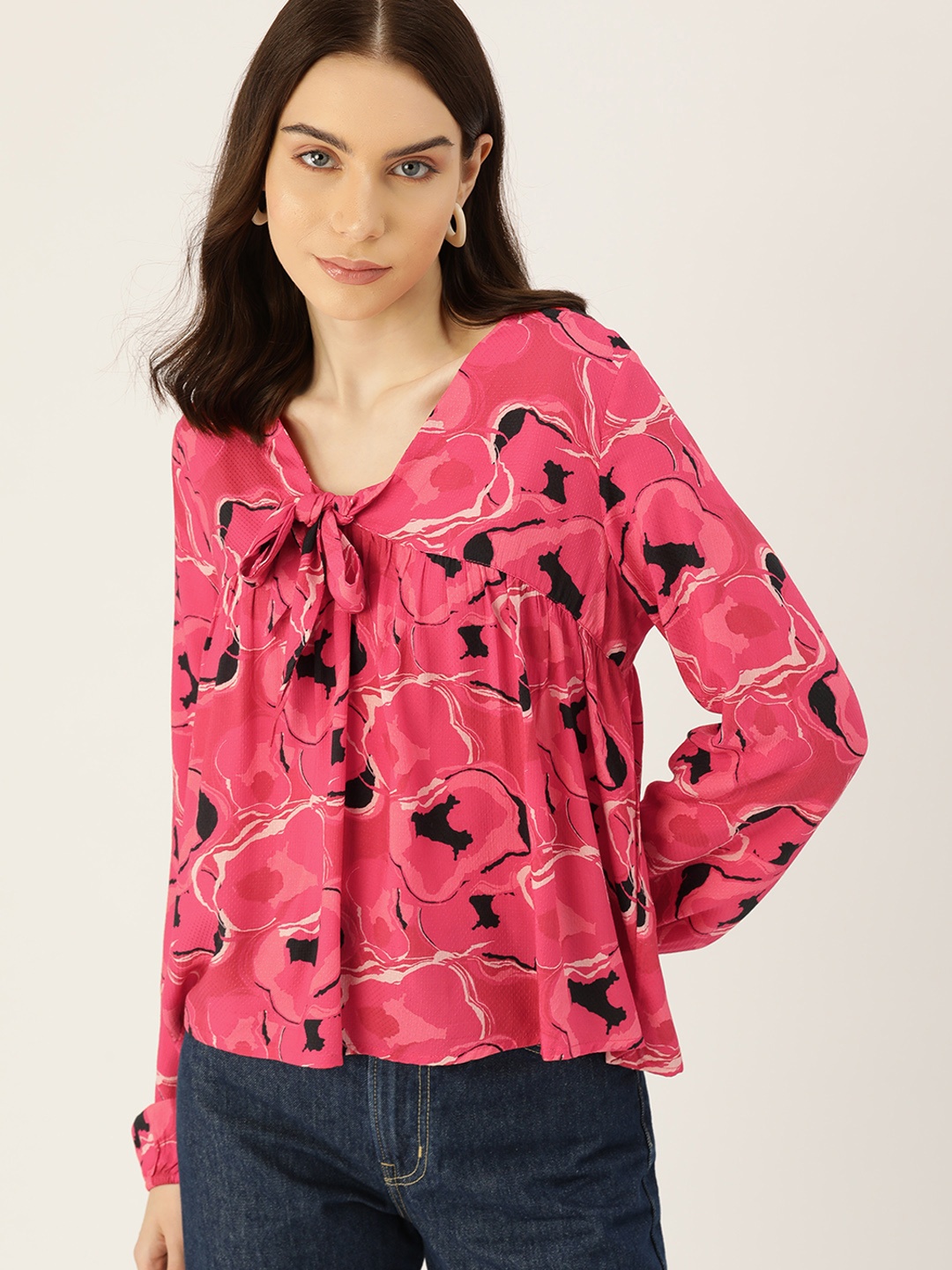 DressBerry Printed Puff Sleeves Top, Pink