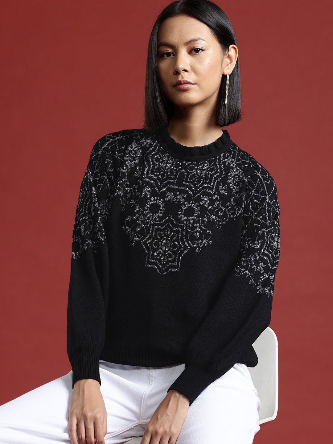 all about you Ethnic Motifs Woven Design Ruffled Neck Peasant Sleeves Pullover, Black
all about you Ethnic Motifs Woven Design Ruffled Neck Peasant Sleeves Pullover, Black