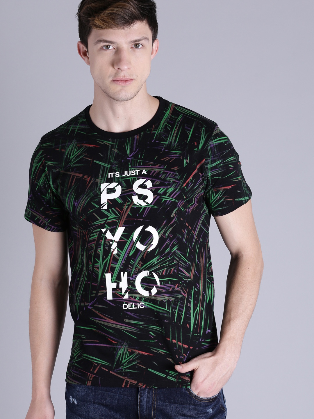Kook N Keech Men Black Printed Round Neck Pure Cotton T-shirt