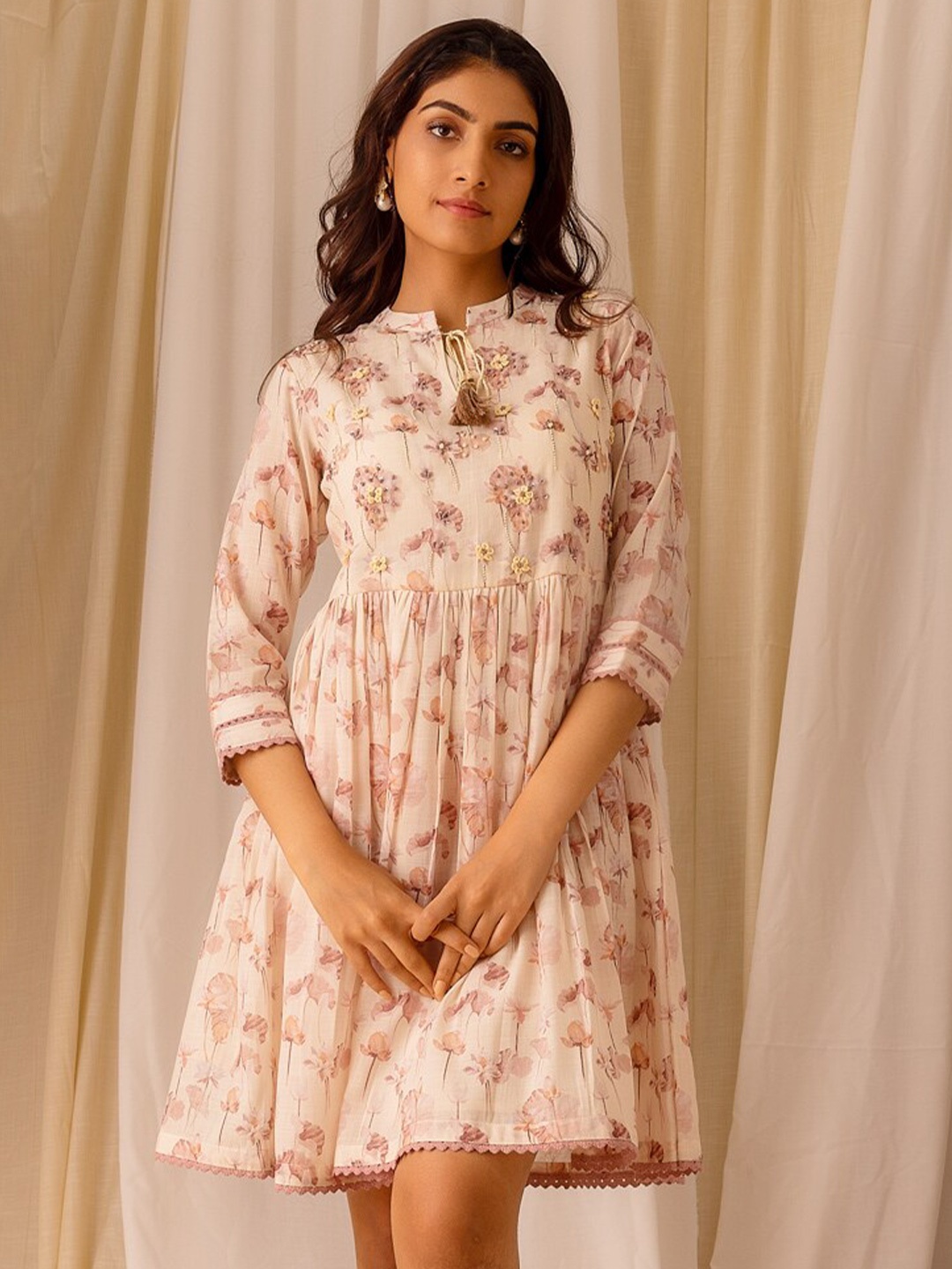 Ishin Floral Printed Mandarin Collar Embroidered A-Line Above Knee Length Dress, Cream
Ishin Floral Printed Mandarin Collar Embroidered A-Line Above Knee Length Dress, Cream