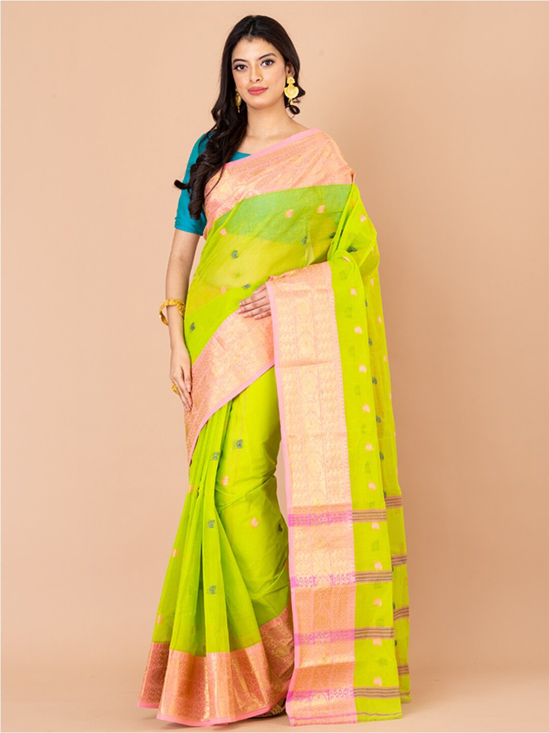 Laa Calcutta Woven Design Zari Taant Saree, Green