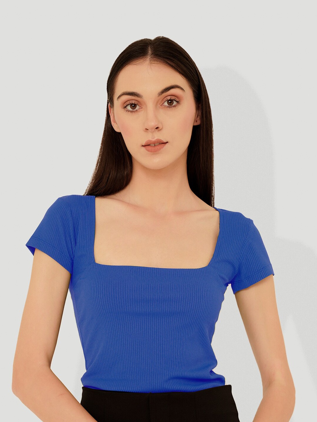 MYWISHBAG Square Neck Ribbed Fitted Top, Blue