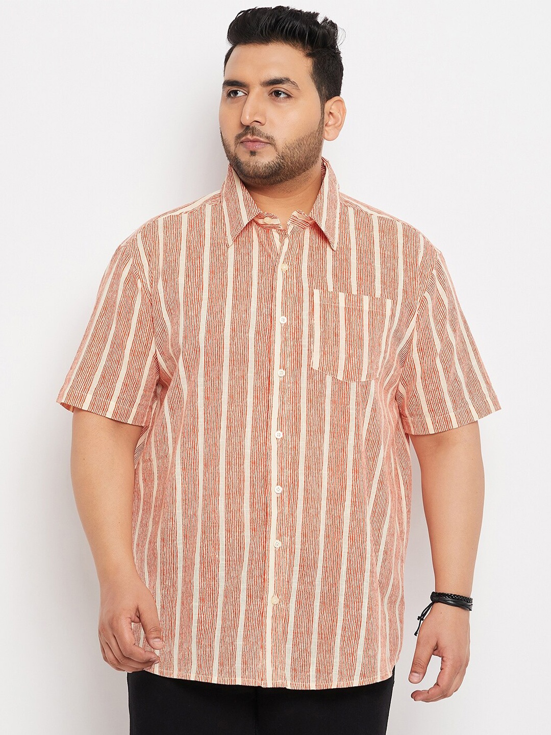 bigbanana Plus Size Vertical Striped Pure Cotton Casual Shirt, Red