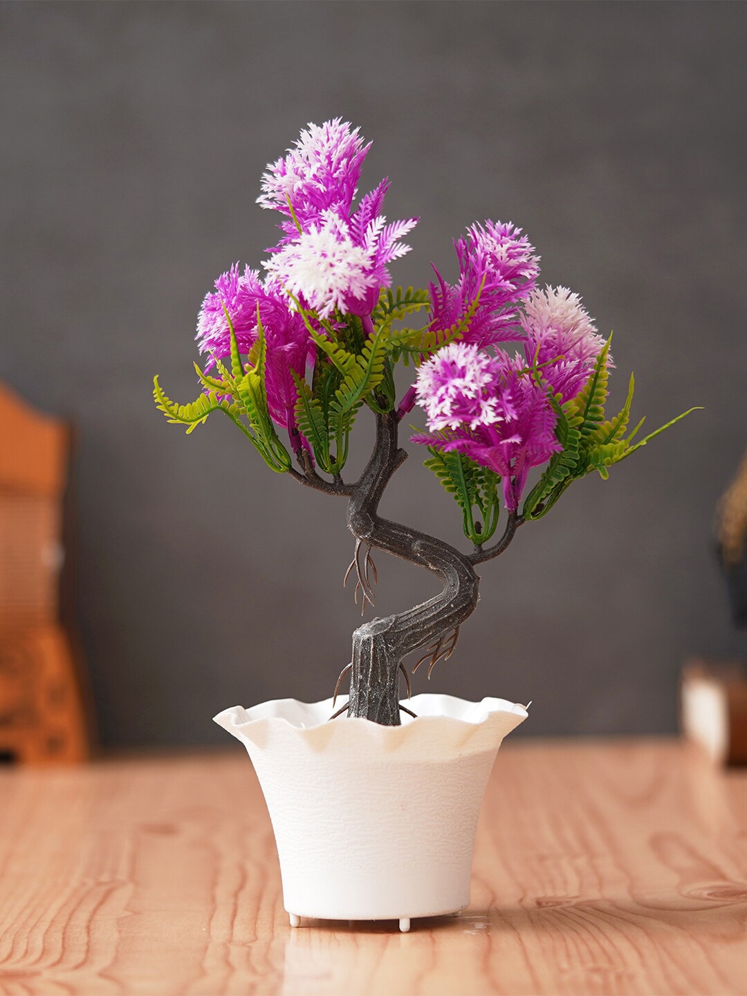 eCraftIndia Purple & White Bloom Artificial Plant With Flower Pot