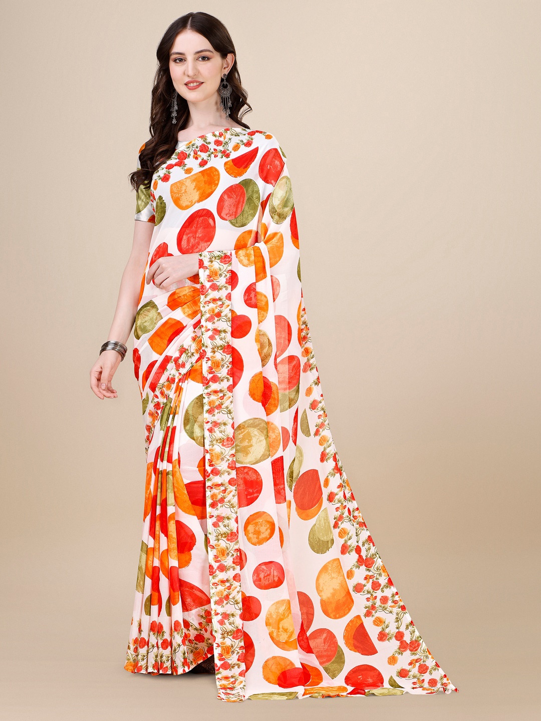 Dori Geometric Printed Pure Georgette Saree, Red