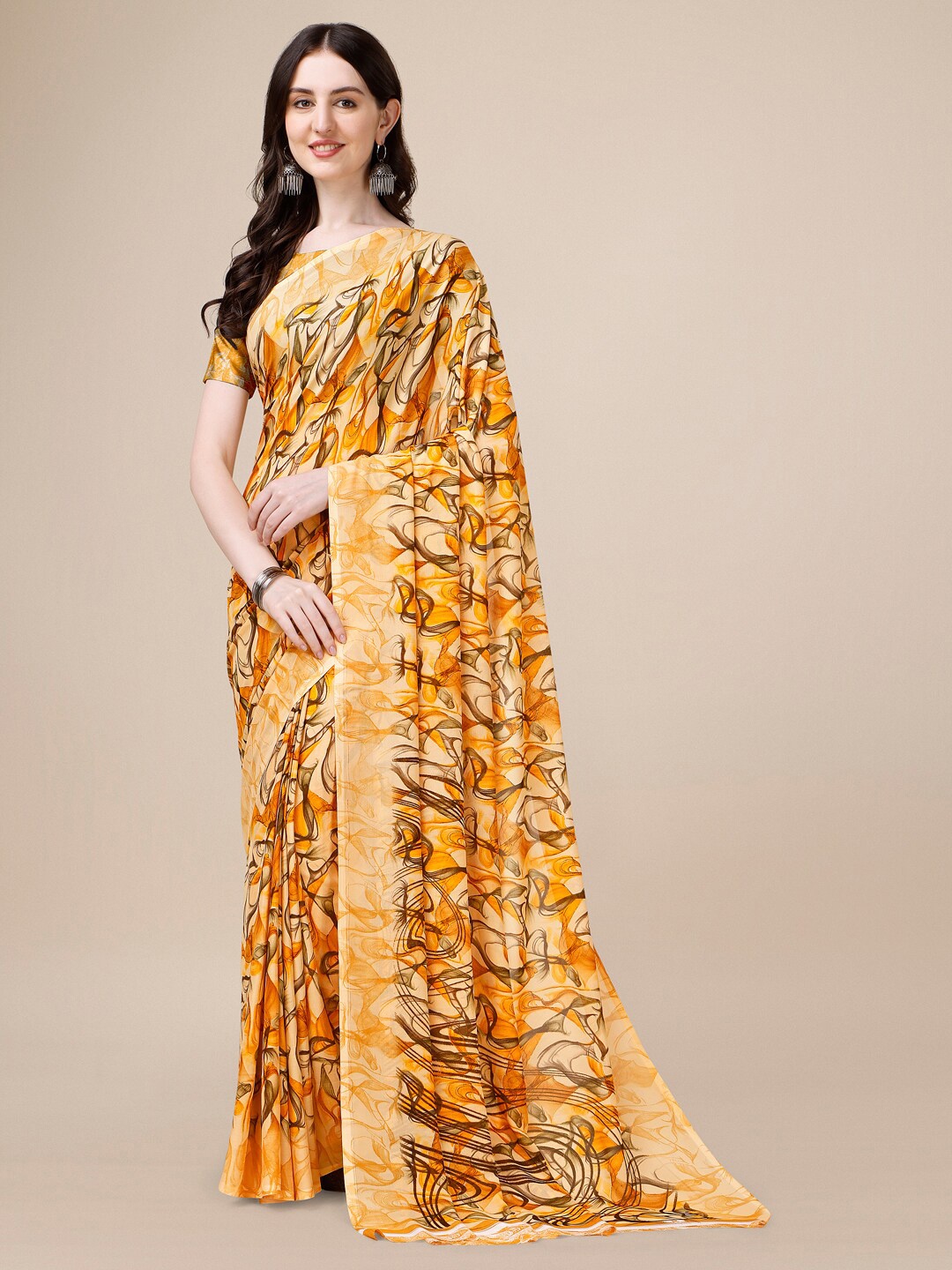 Dori Abstract Printed Pure Georgette Saree, Mustard