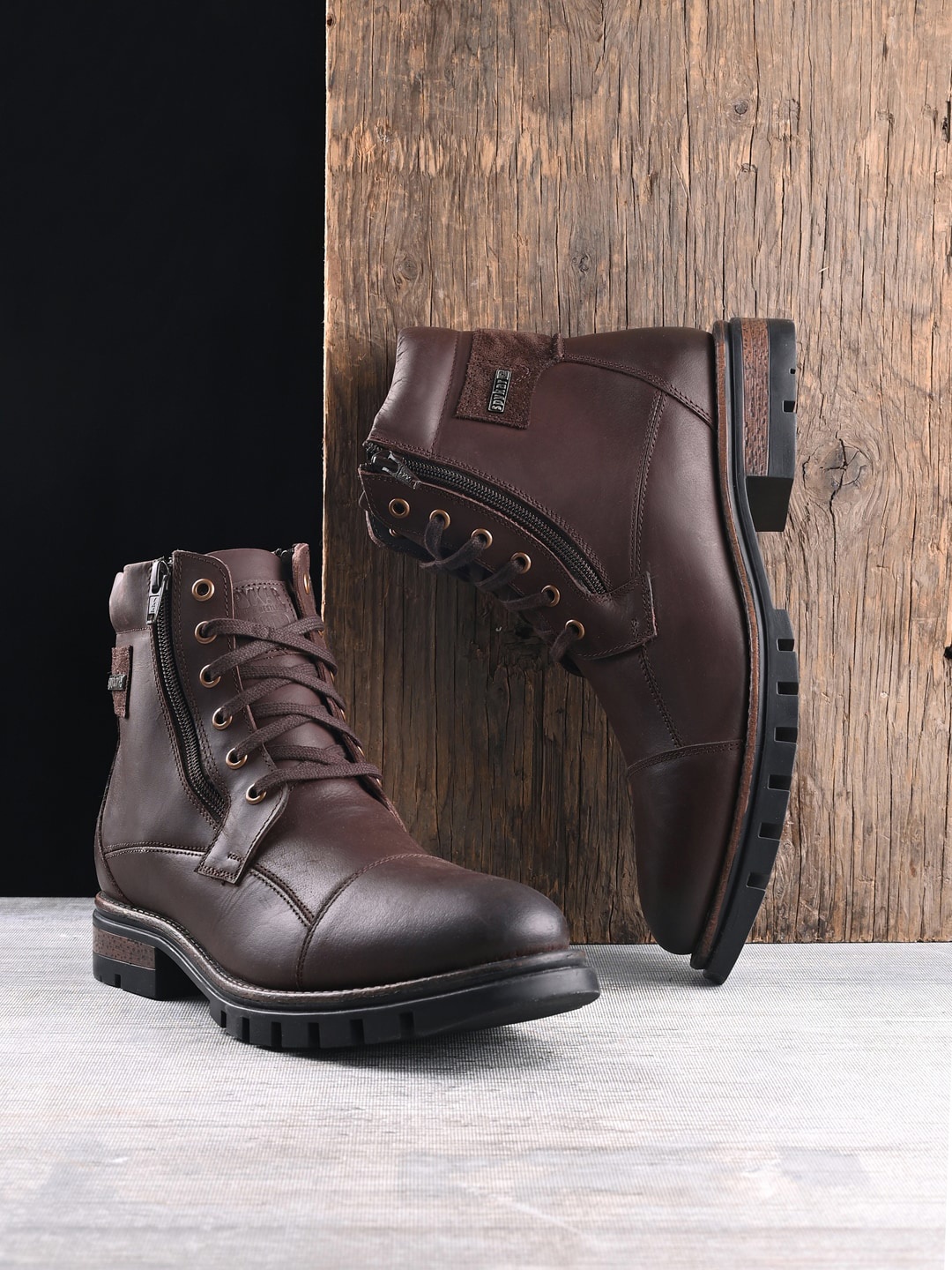 SPYKAR Men Heeled Leather Biker Boots, Brown