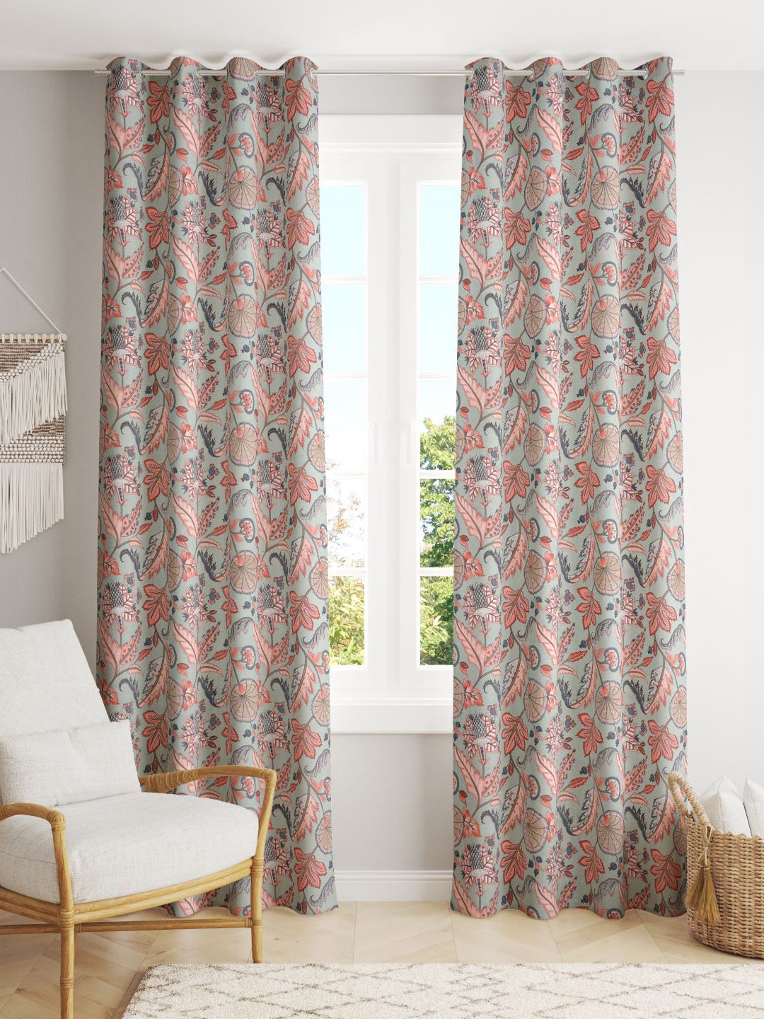RAASO Blue & Pink 2 Pieces Floral Cotton Long Door Curtains
