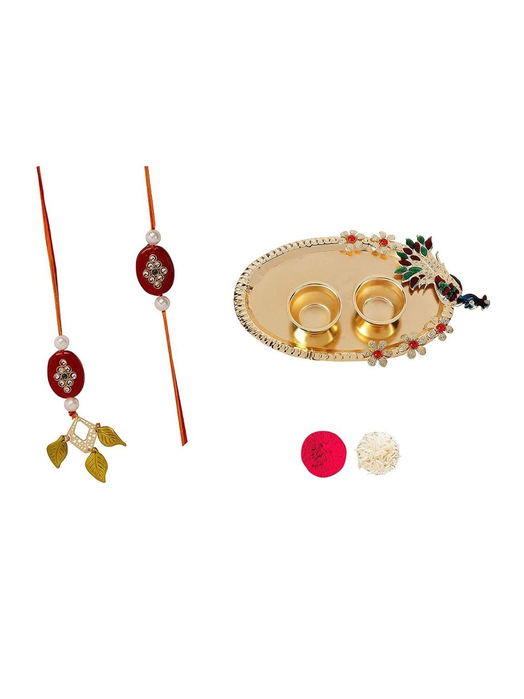 AccessHer Stone-Studded & Pearl-Beaded Rakhi With Peacock Pooja Thali & Roli & Chawal, Gold
AccessHer Stone-Studded & Pearl-Beaded Rakhi With Peacock Pooja Thali & Roli & Chawal, Gold