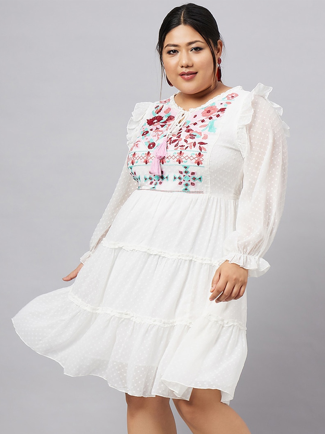 Antheaa Curve Self Design Tie-Up Neck Puff Sleeve Floral Embroidered Tiered A-Line Dress, White
Antheaa Curve Self Design Tie-Up Neck Puff Sleeve Floral Embroidered Tiered A-Line Dress, White