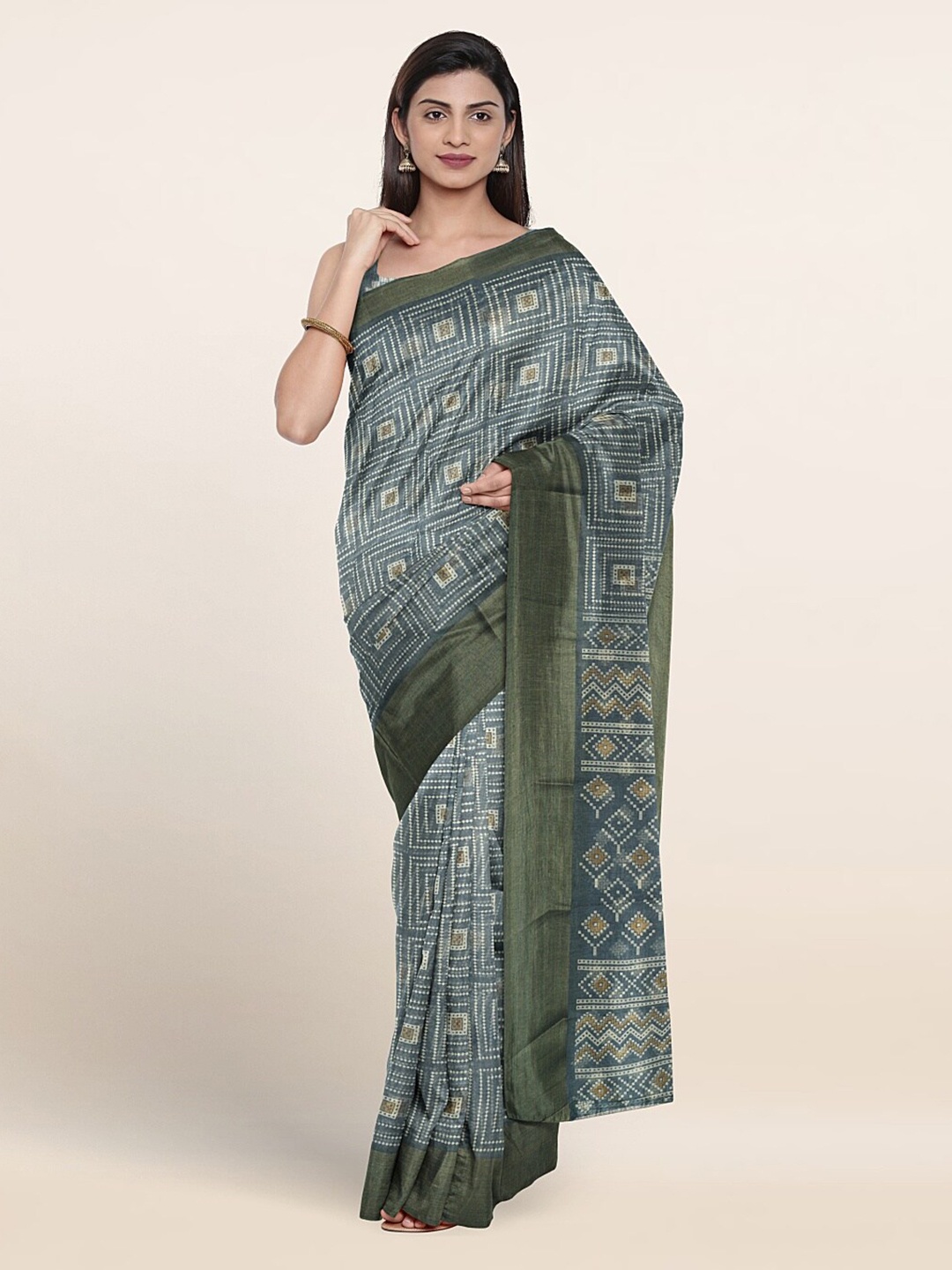 Pothys Geometric Printed Zari Saree, Blue