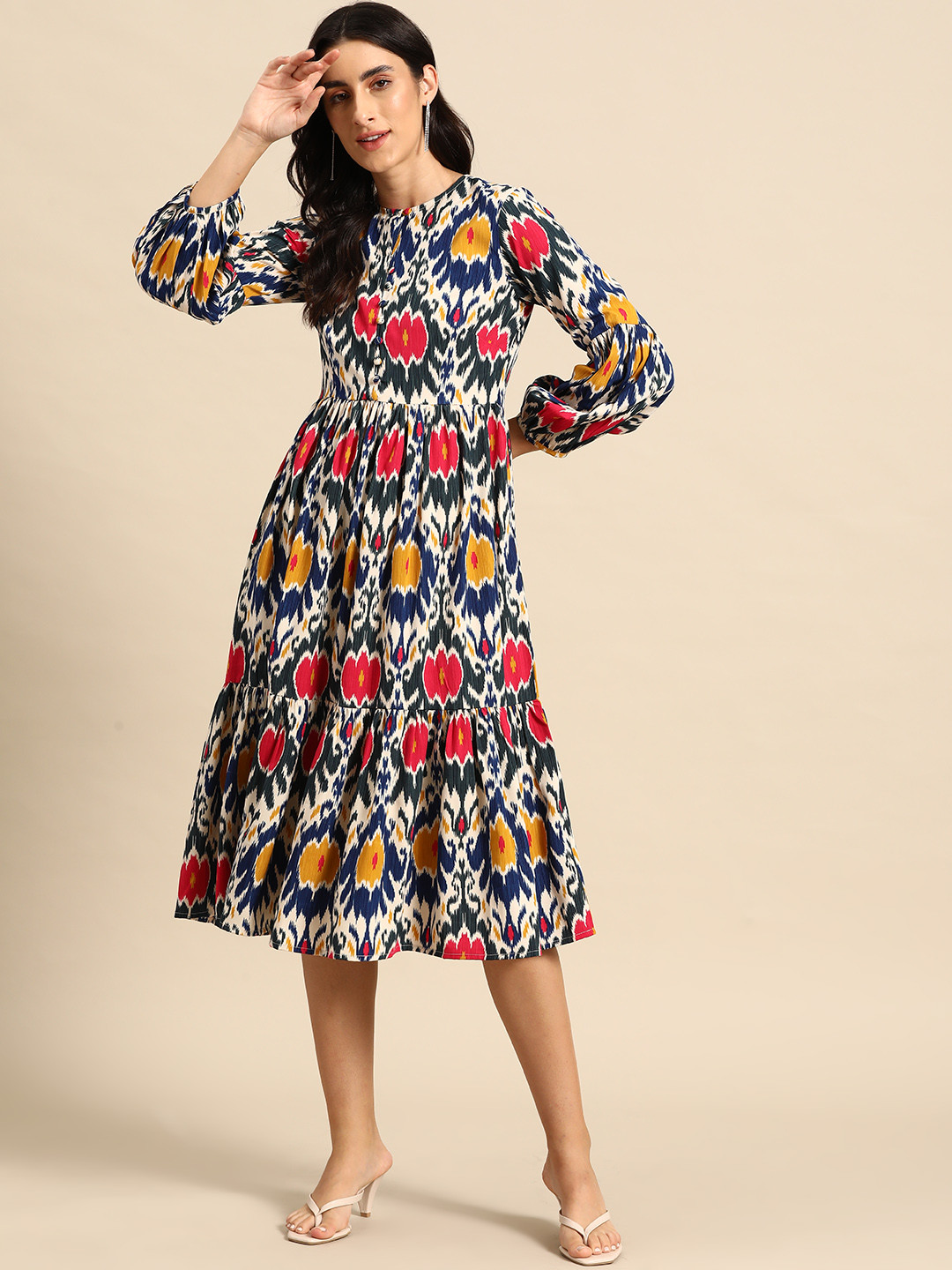 MABISH by Sonal Jain Ethnic Motifs Printed Gathered Detail Fit & Flare Midi Dress, Multi 
MABISH by Sonal Jain Ethnic Motifs Printed Gathered Detail Fit & Flare Midi Dress, Multi