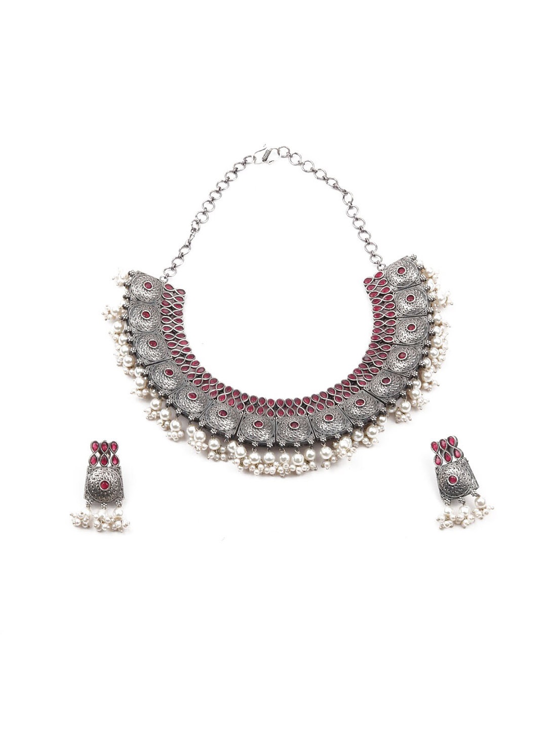 ODETTE Silver-Plated Oxidised Silver Stone Studded & Beaded Choker Necklace With Earrings
ODETTE Silver-Plated Oxidised Silver Stone Studded & Beaded Choker Necklace With Earrings