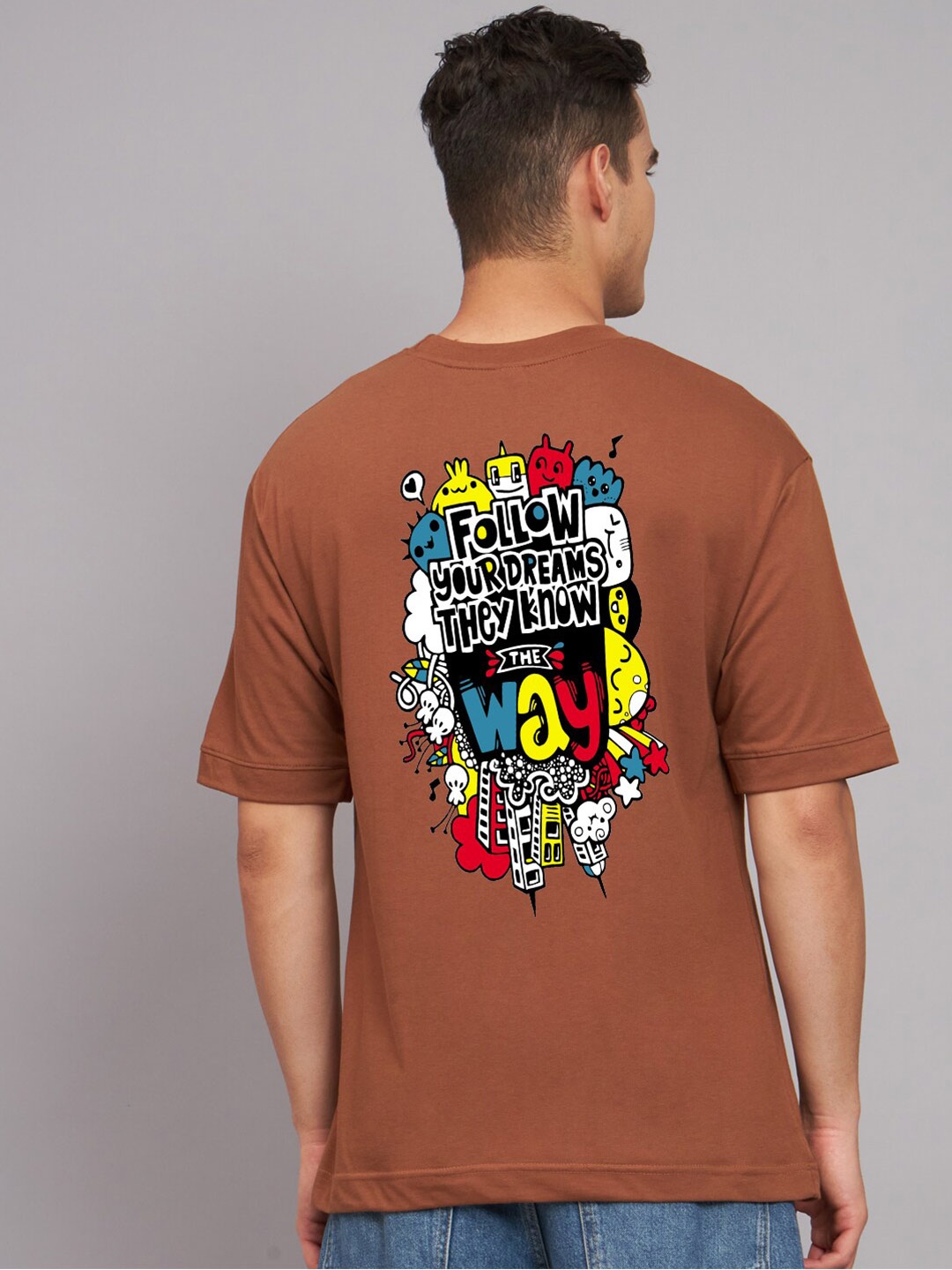 Imsa Moda Graphic Printed Cotton Oversized T-shirt, Coffee brown