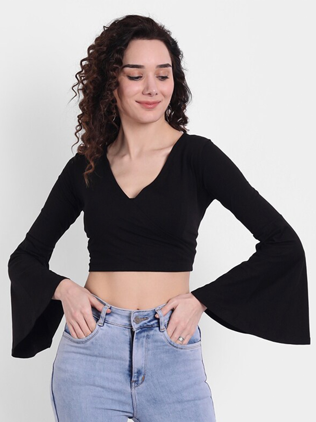 COLOR CAPITAL V-Neck Flared Sleeve Crop Top, Black