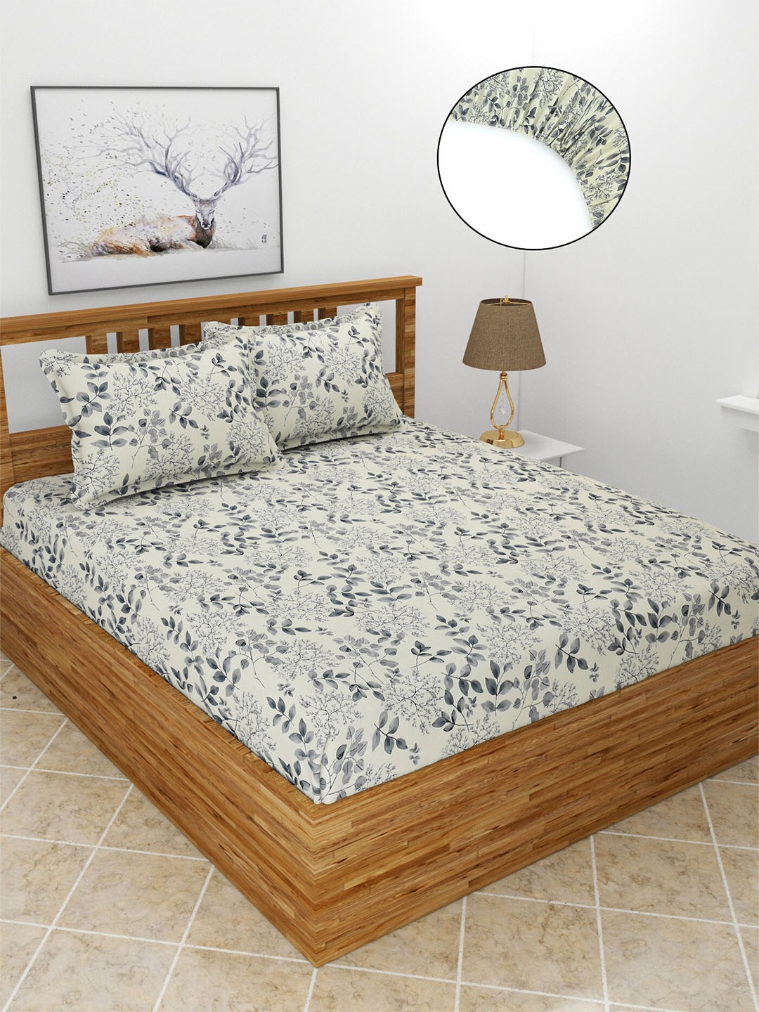 MORADO Cream-Coloured & Grey Floral Fitted 210 TC Queen Bedsheet With 2 Pillow Covers
MORADO Cream-Coloured & Grey Floral Fitted 210 TC Queen Bedsheet With 2 Pillow Covers