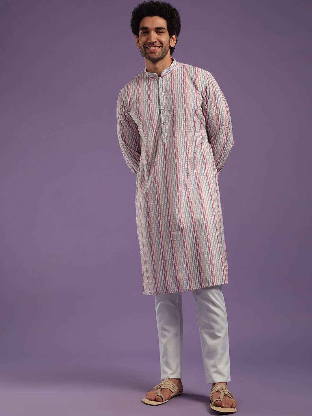 KALKI Fashion Striped Embroidered Thread Work Kurta With Trousers, Red