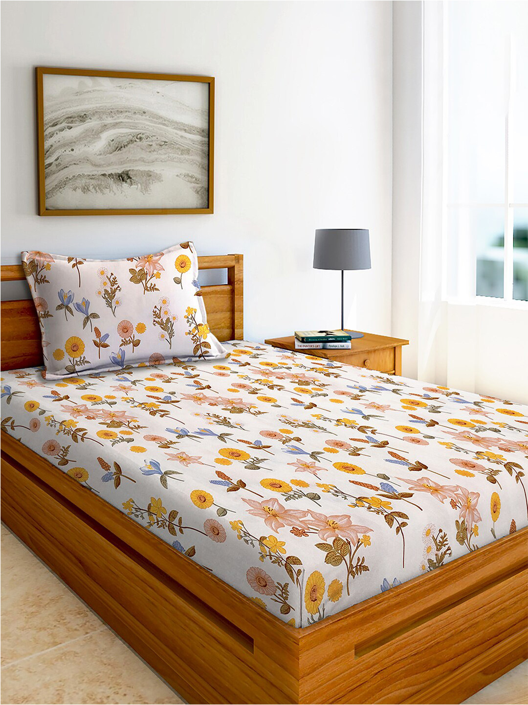 AEROHAVEN Off White & Yellow Floral Cotton 240 TC Single Bedsheet With 1 Pillow Cover
AEROHAVEN Off White & Yellow Floral Cotton 240 TC Single Bedsheet With 1 Pillow Cover