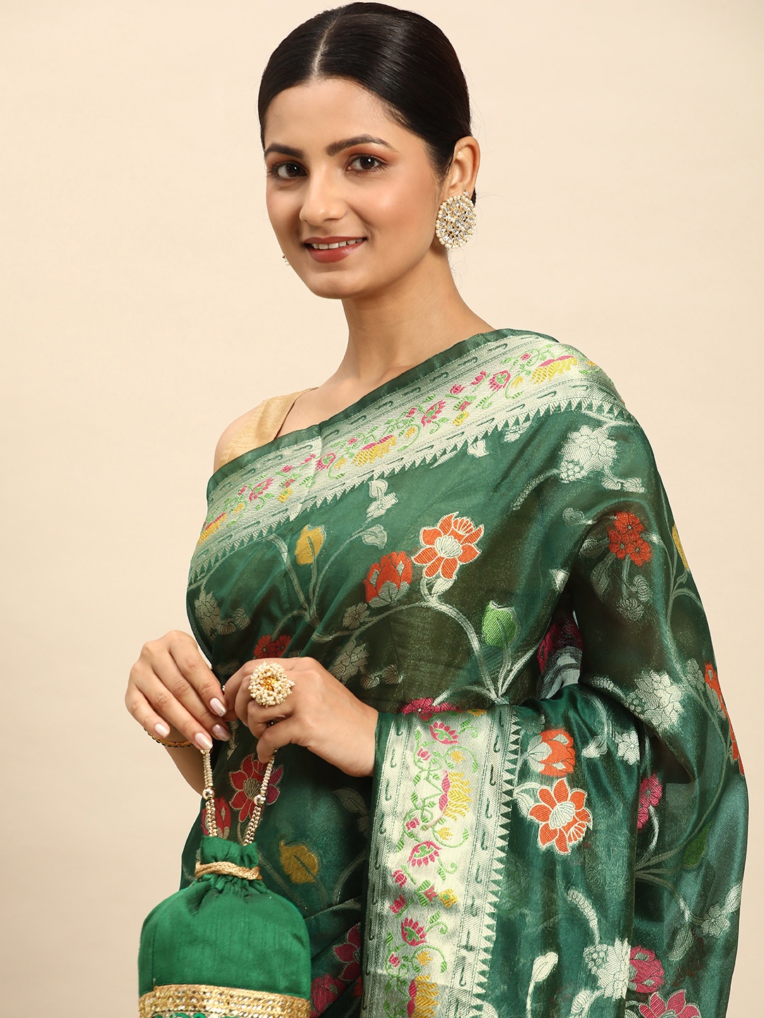 Mitera Floral Zari Organza Kanjeevaram Saree, Green
