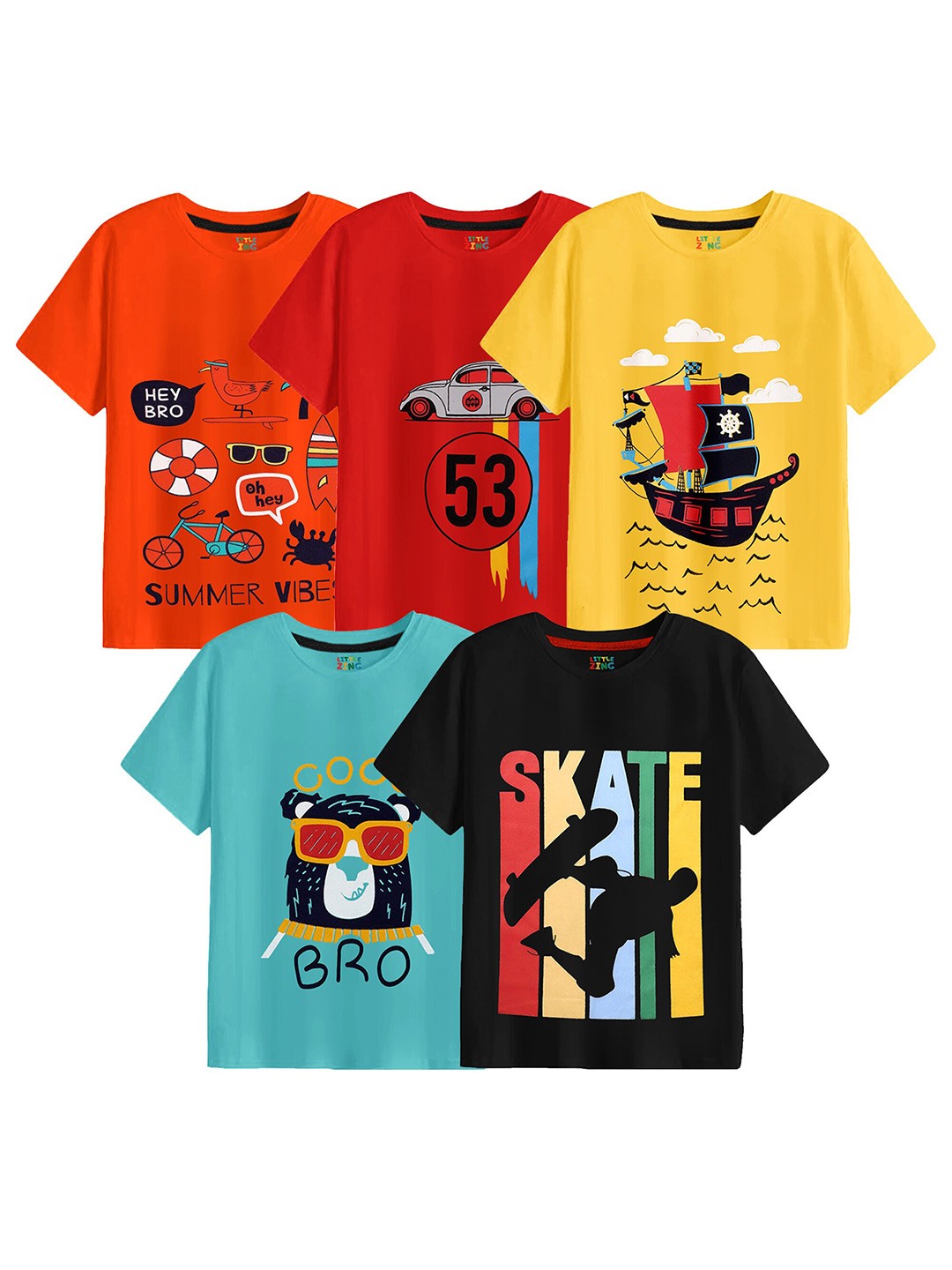 BAESD Boys Pack Of 5 Printed Cotton T-shirt, Orange