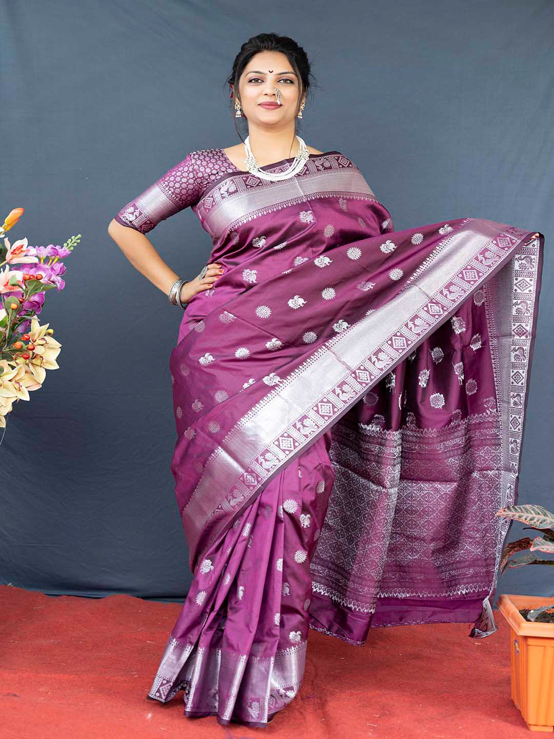 Mitera Purple & Silver-Toned Ethnic Motifs Woven Design Zari Art Silk Banarsai Saree
Mitera Purple & Silver-Toned Ethnic Motifs Woven Design Zari Art Silk Banarsai Saree