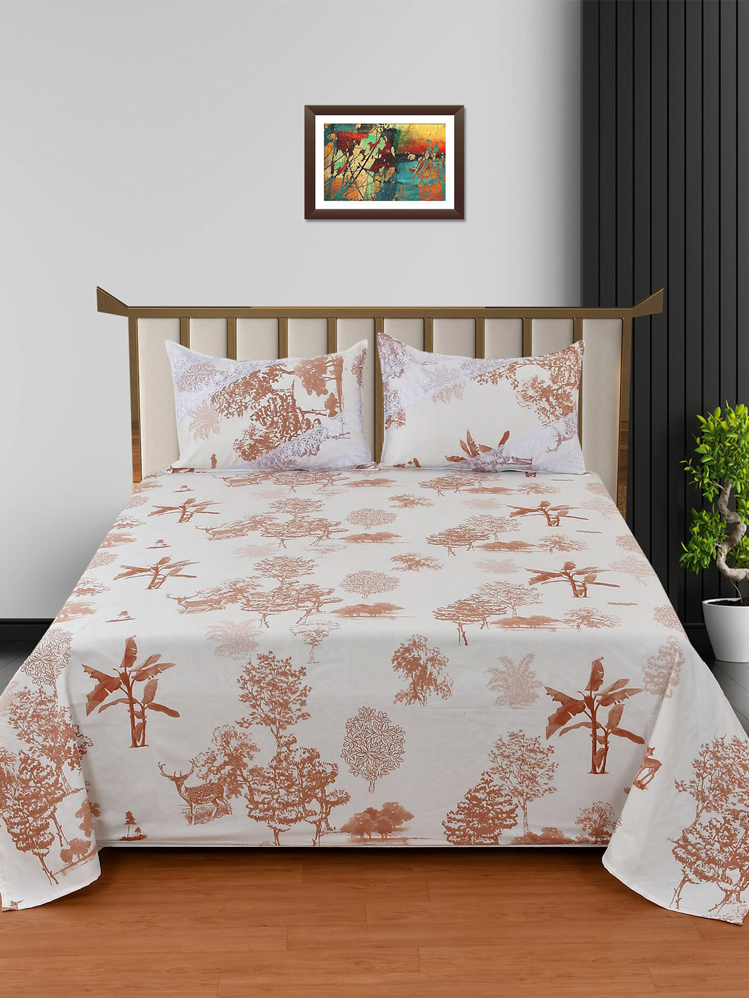BELVOSTUM The Real Artisan White Printed Cotton 210 TC King Bedsheet with 2 Pillow Covers, Bronze 
BELVOSTUM The Real Artisan White Printed Cotton 210 TC King Bedsheet with 2 Pillow Covers, Bronze
