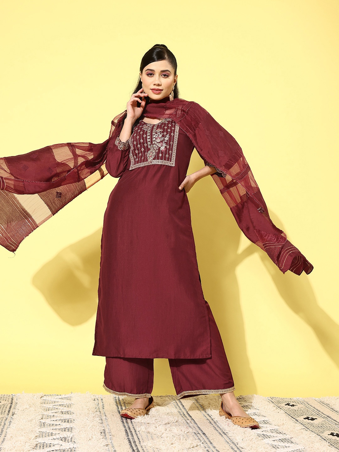 Indo Era Women Floral Yoke Design Regular Sequinned Kurta with Palazzos & With Dupatta, Maroon
Indo Era Women Floral Yoke Design Regular Sequinned Kurta with Palazzos & With Dupatta, Maroon
