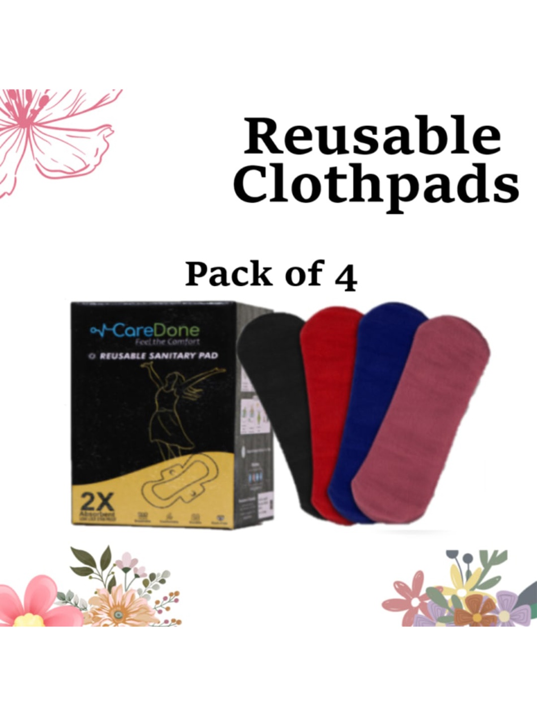 CareDone Set Of 4 4-Layered Ultra Thin Rash Free Reusable Sanitary Cloth Pads, Black
CareDone Set Of 4 4-Layered Ultra Thin Rash Free Reusable Sanitary Cloth Pads, Black