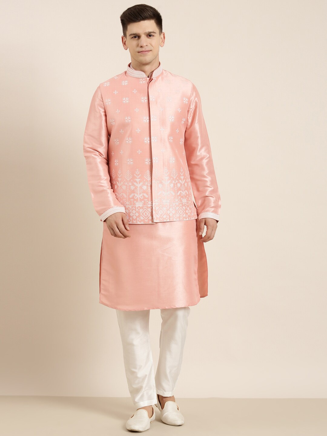 TheEthnic.Co Mandarin Collar Art Silk Kurta & Pyjamas With Embroidered Nehru jacket, Peach
TheEthnic.Co Mandarin Collar Art Silk Kurta & Pyjamas With Embroidered Nehru jacket, Peach