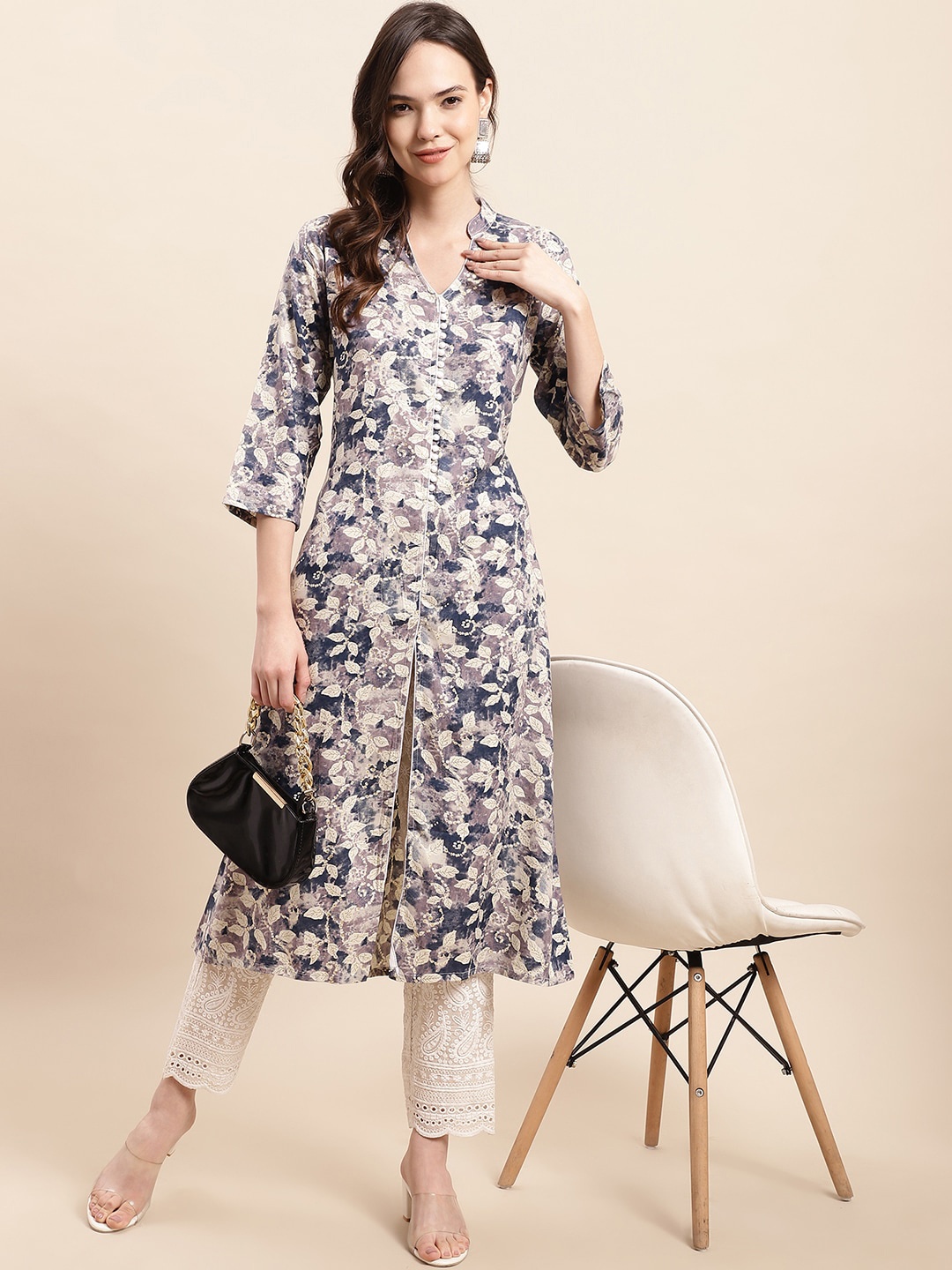 Anouk Navy Blue & Beige Floral Printed A-line Cotton Kurta