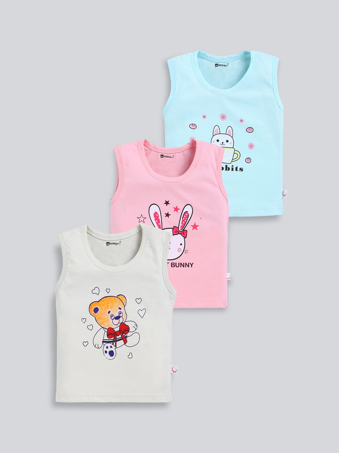MooNKids Infants Pack Of 3 Printed Cotton Innerwear Vests, Pink