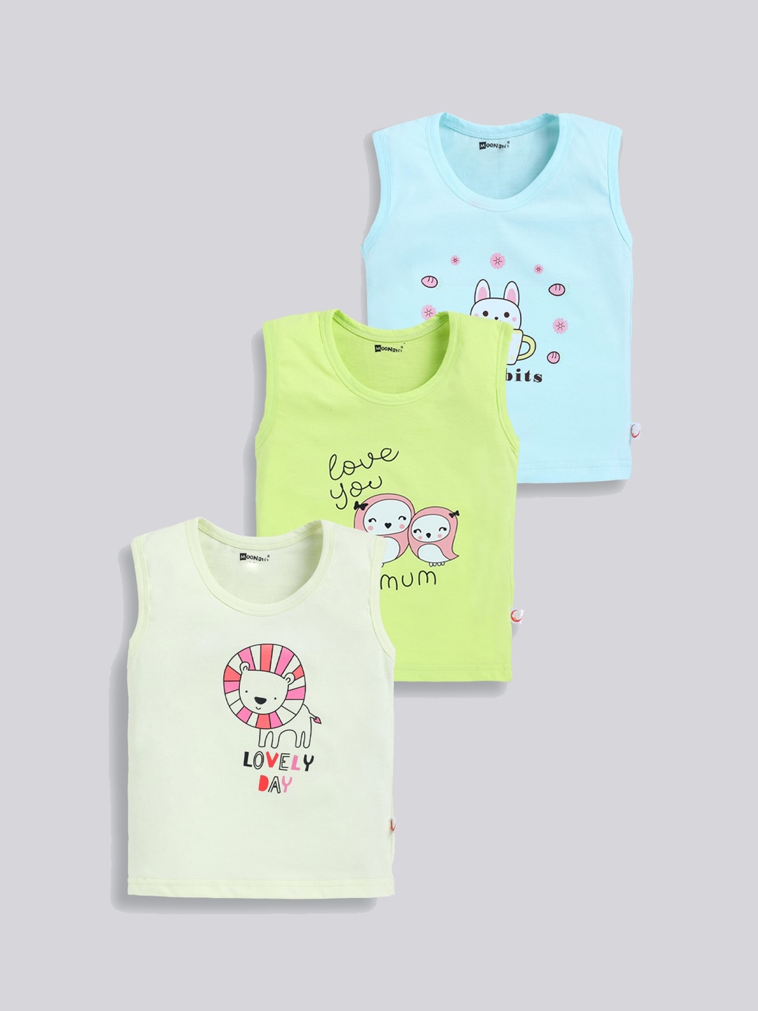 MooNKids Infants Pack Of 3 Printed Cotton Innerwear Vests, Green