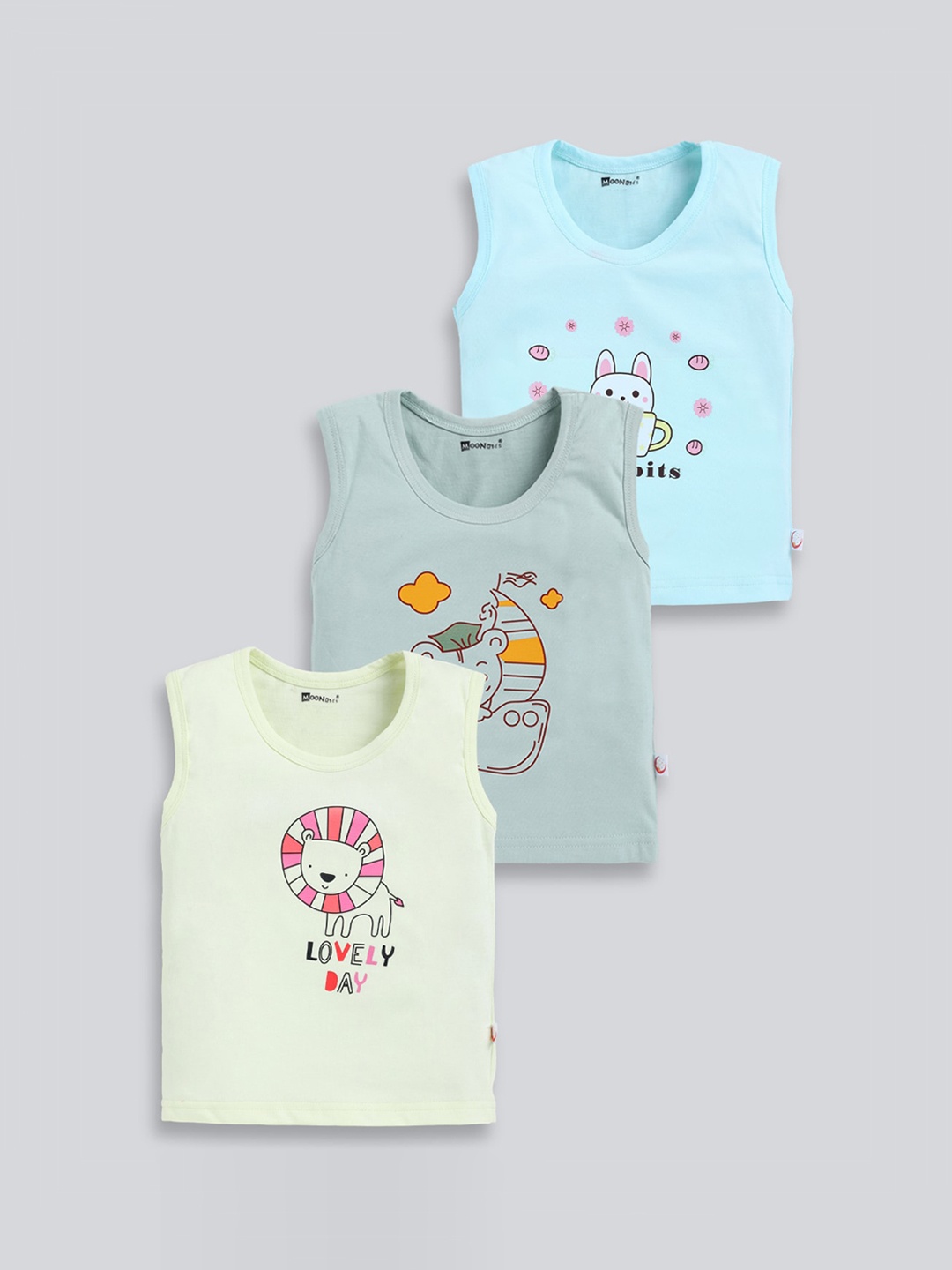 MooNKids Infants Kids Pack Of 3 Graphic Printed Cotton Basic Vests, Olive