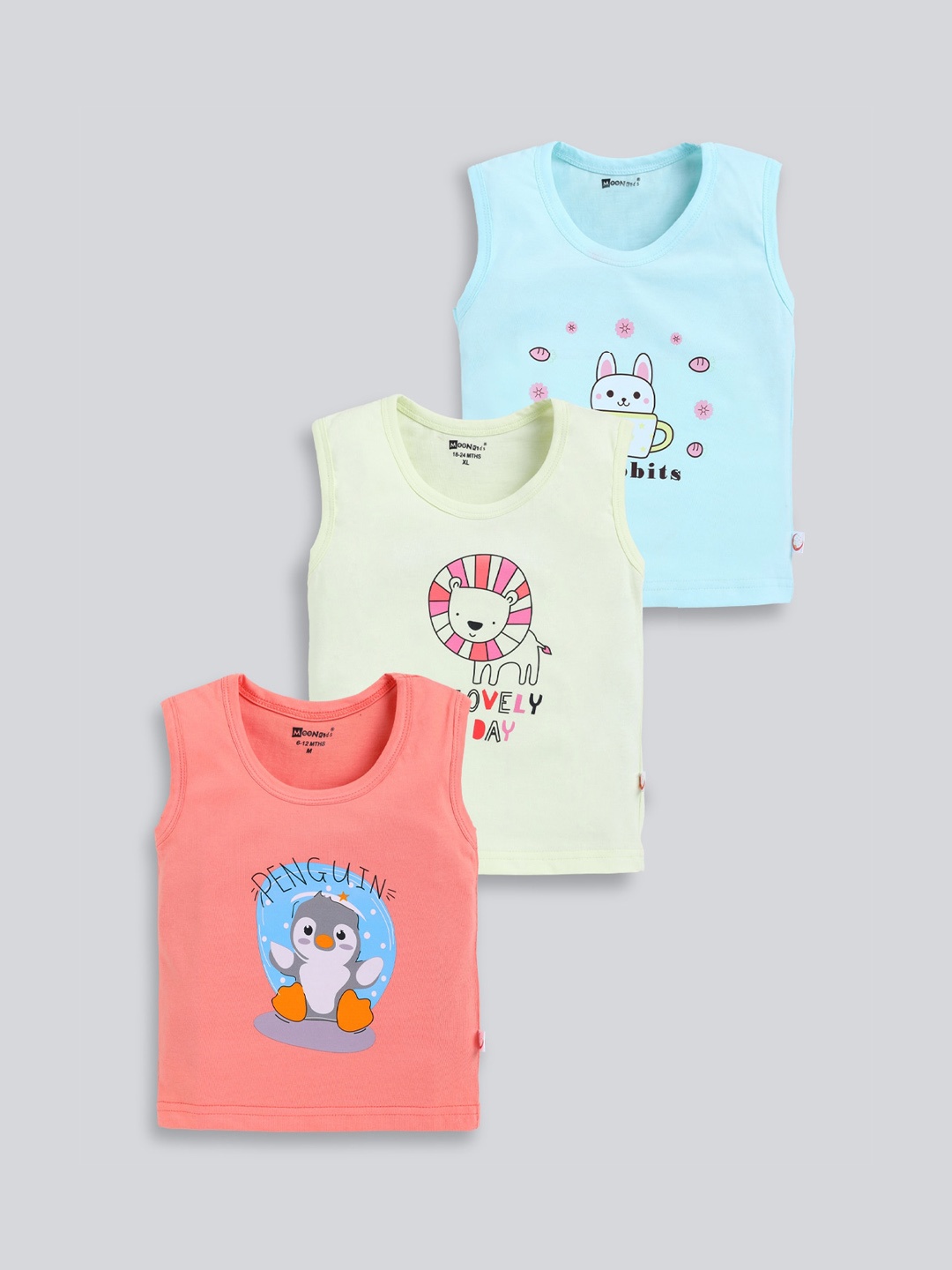 MooNKids Infants Pack Of 3 Printed Cotton Innerwear Vests, Blue