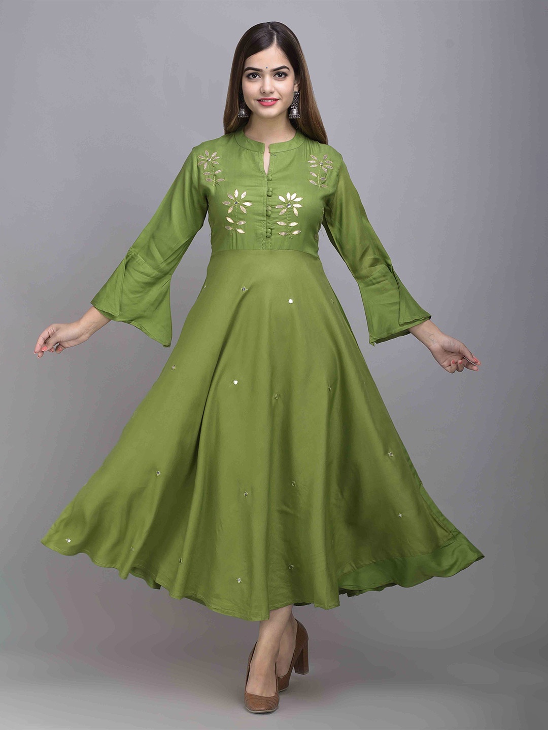 JAIPUR FASHION MODE Floral Embellished Mandarin Collar Bell Sleeves Mirror Work Maxi Dress, Green
JAIPUR FASHION MODE Floral Embellished Mandarin Collar Bell Sleeves Mirror Work Maxi Dress, Green