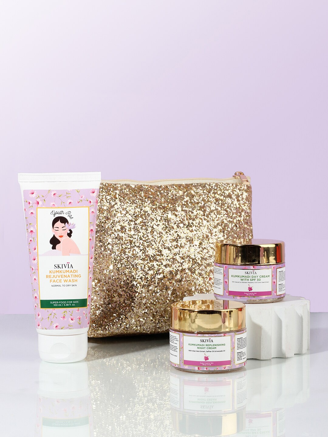 SKIVIA 4-Pcs Kumkumadi Rejuvenating Face Wash -Day Cream SPF 30 & Night Cream With Pouch, Transparent
SKIVIA 4-Pcs Kumkumadi Rejuvenating Face Wash -Day Cream SPF 30 & Night Cream With Pouch, Transparent