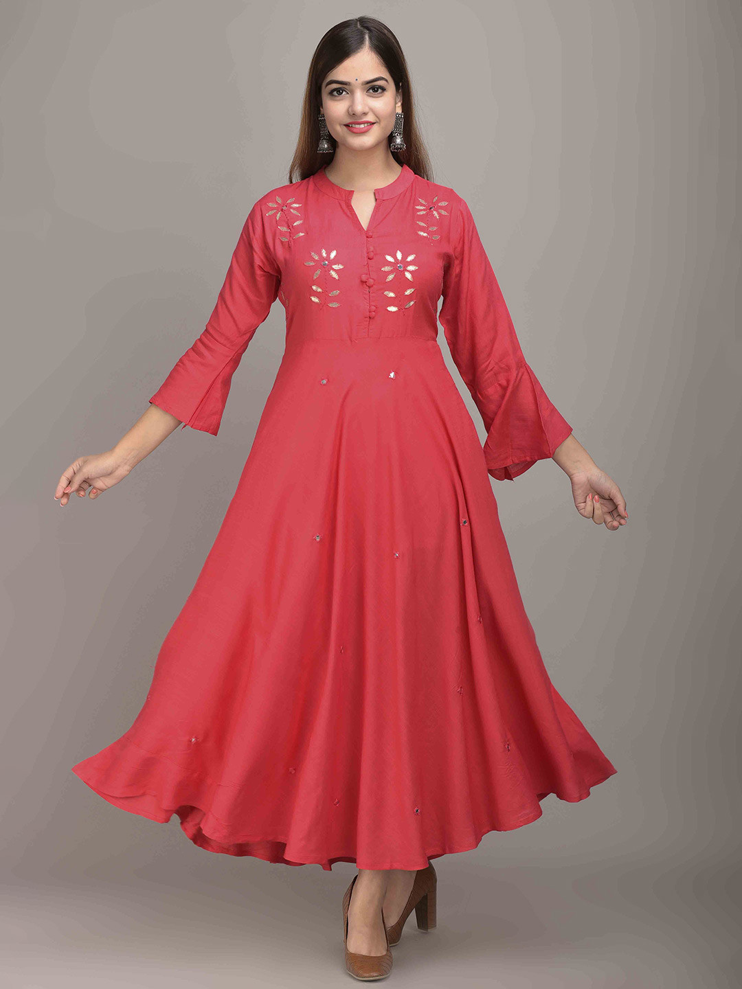 JAIPUR FASHION MODE Floral Embellished Mandarin Collar Bell Sleeves Mirror Work Maxi Dress, Peach
JAIPUR FASHION MODE Floral Embellished Mandarin Collar Bell Sleeves Mirror Work Maxi Dress, Peach